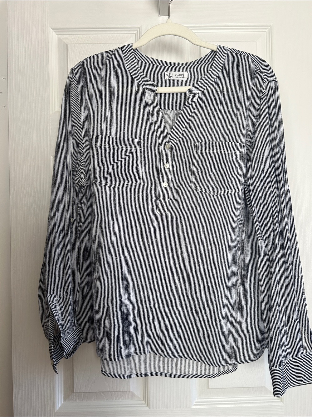 Carve Designs Navy and White Pinstriped Long-Sleeve Henley